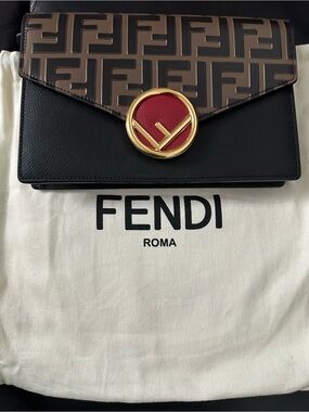 Fendi Black, Brown & Red FF Logo Wallet on Chain Envelope